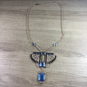 Bohemian Egyptian Elegant Blue and Gold Rhinestone Winged Statement Necklace
